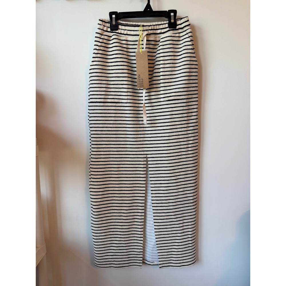 Free Market Striped Terry Cloth Maxi Skirt Cream Black Drawstring Slit Large NWT